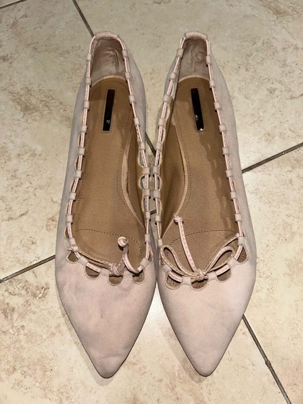 Tahari Blush Pink Suede Pointed Toe Lace-Up Ballet Flats